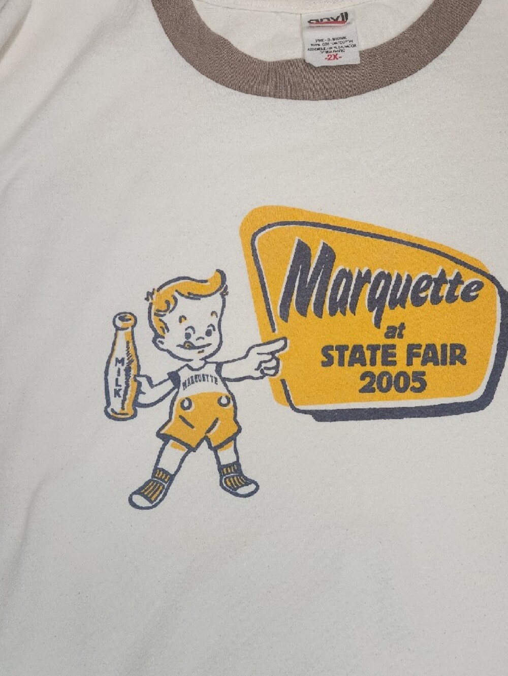 VTG Marquette State Fair 2005 T Shirt 2X Boy Mascot Milk Bottle Ringer TEE